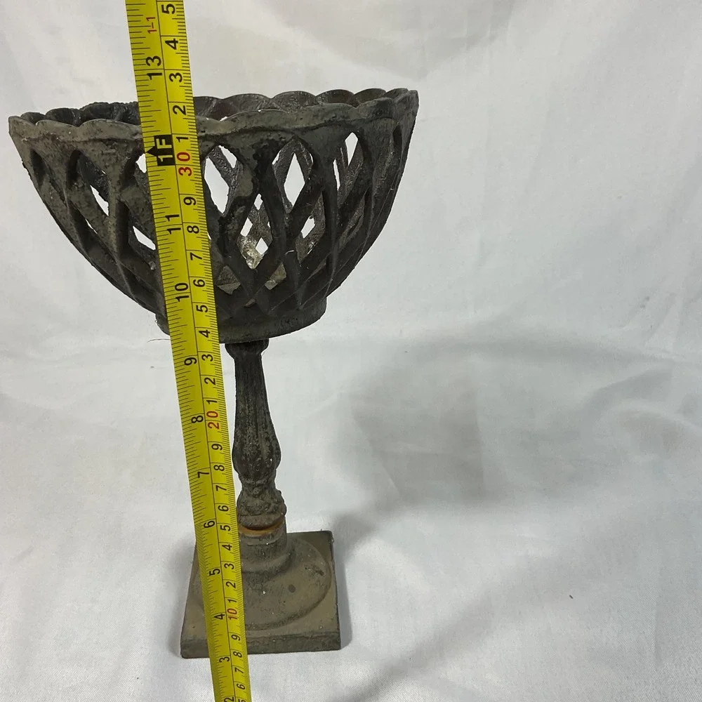 Wrought Iron Pedestal Bowl Lattice Compote with Scalloped Rim Distressed Country